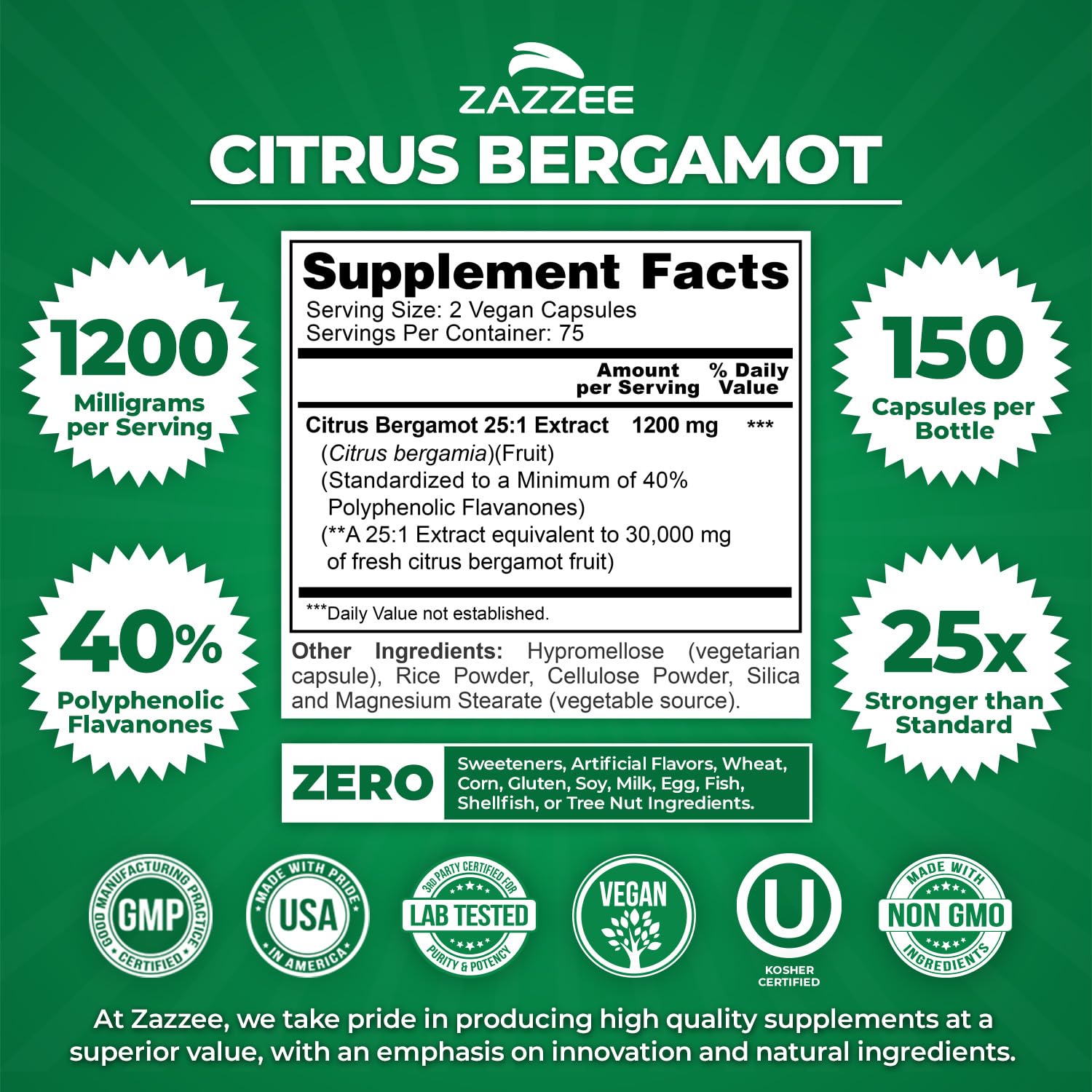 Zazzee Citrus Bergamot 25:1 Extract, 1200 mg Per Serving, 40% Polyphenolic Flavanones, 150 Vegan Capsules, 5 Month Supply, Citrus Bergamia, Antioxidant Support, Certified Kosher, Non-GMO, Made in USA - dailyvitalstore