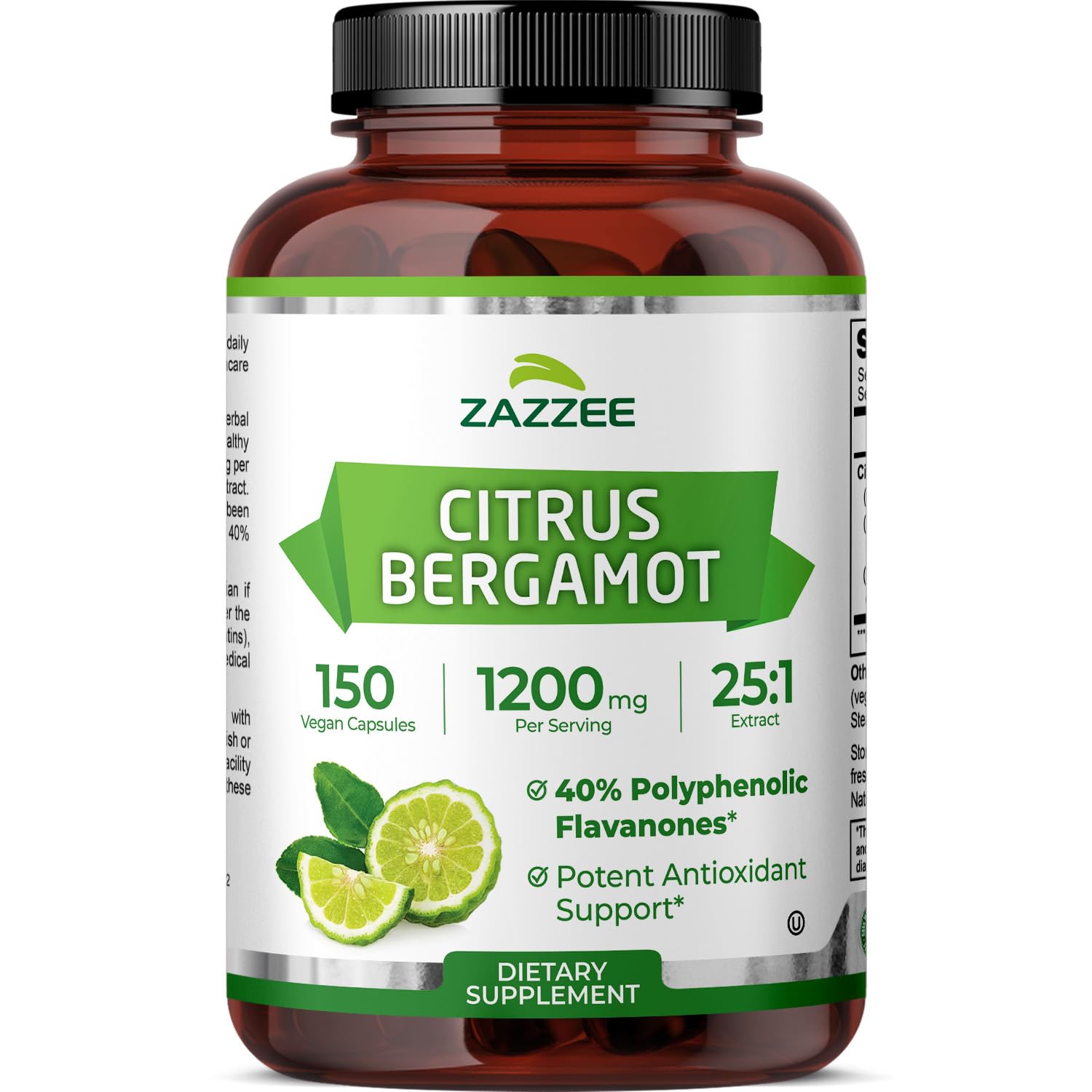 Zazzee Citrus Bergamot 25:1 Extract, 1200 mg Per Serving, 40% Polyphenolic Flavanones, 150 Vegan Capsules, 5 Month Supply, Citrus Bergamia, Antioxidant Support, Certified Kosher, Non-GMO, Made in USA - dailyvitalstore