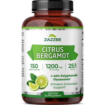Zazzee Citrus Bergamot 25:1 Extract, 1200 mg Per Serving, 40% Polyphenolic Flavanones, 150 Vegan Capsules, 5 Month Supply, Citrus Bergamia, Antioxidant Support, Certified Kosher, Non-GMO, Made in USA - dailyvitalstore