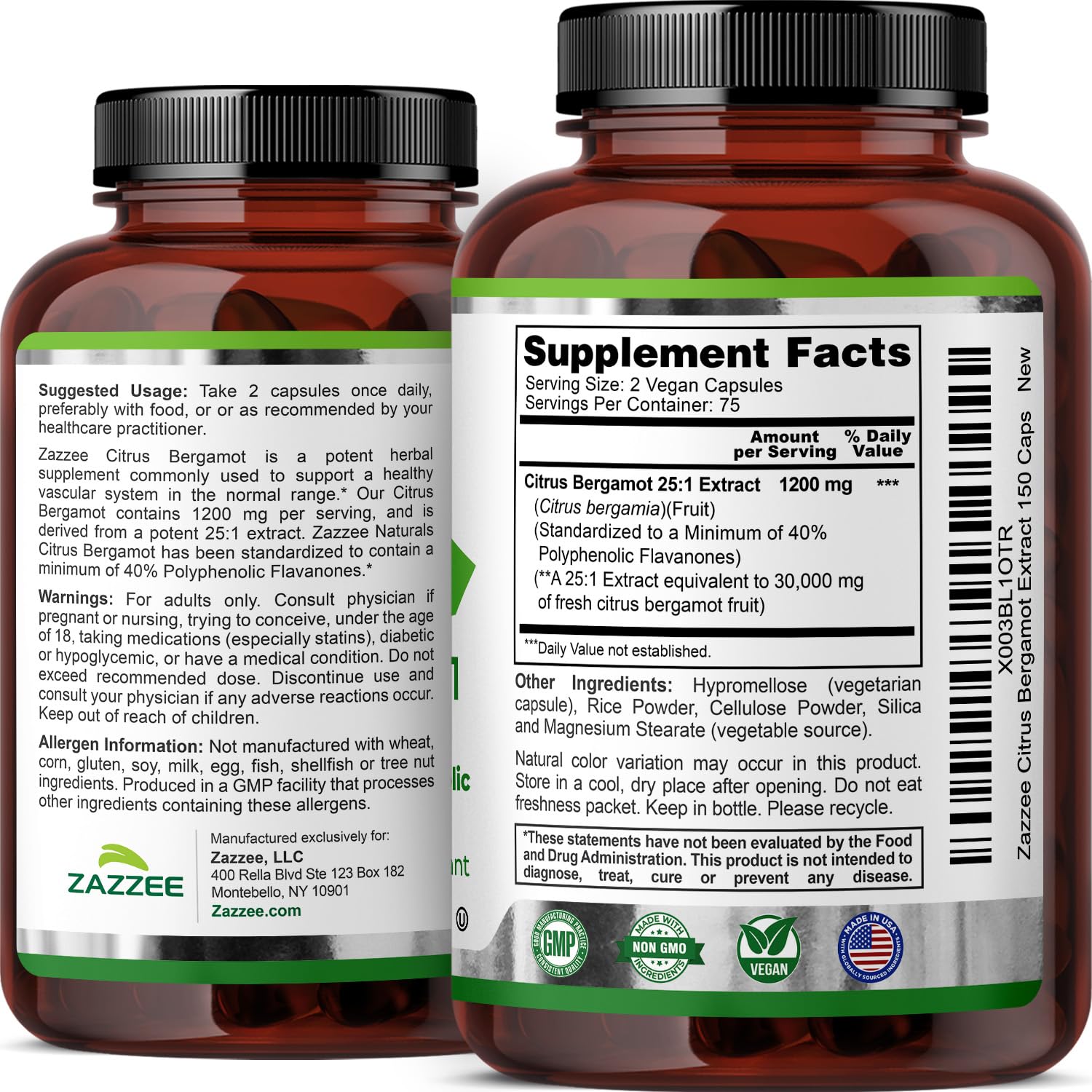 Zazzee Citrus Bergamot 25:1 Extract, 1200 mg Per Serving, 40% Polyphenolic Flavanones, 150 Vegan Capsules, 5 Month Supply, Citrus Bergamia, Antioxidant Support, Certified Kosher, Non-GMO, Made in USA - dailyvitalstore