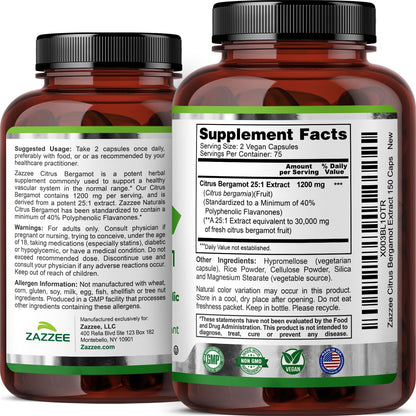 Zazzee Citrus Bergamot 25:1 Extract, 1200 mg Per Serving, 40% Polyphenolic Flavanones, 150 Vegan Capsules, 5 Month Supply, Citrus Bergamia, Antioxidant Support, Certified Kosher, Non-GMO, Made in USA - dailyvitalstore