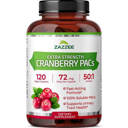 Zazzee Cranberry PACs, 72 mg PACs per Capsule, 2X Strength, 100% Soluble, 120 Vegan Capsules, 50:1 Extract, 18,200 mg Strength, Fast-Acting, Effective Urinary Tract Support, Made in The USA - dailyvitalstore