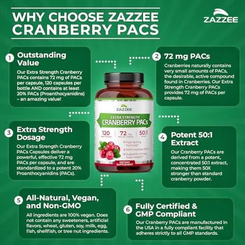 Zazzee Cranberry PACs, 72 mg PACs per Capsule, 2X Strength, 100% Soluble, 120 Vegan Capsules, 50:1 Extract, 18,200 mg Strength, Fast-Acting, Effective Urinary Tract Support, Made in The USA - dailyvitalstore