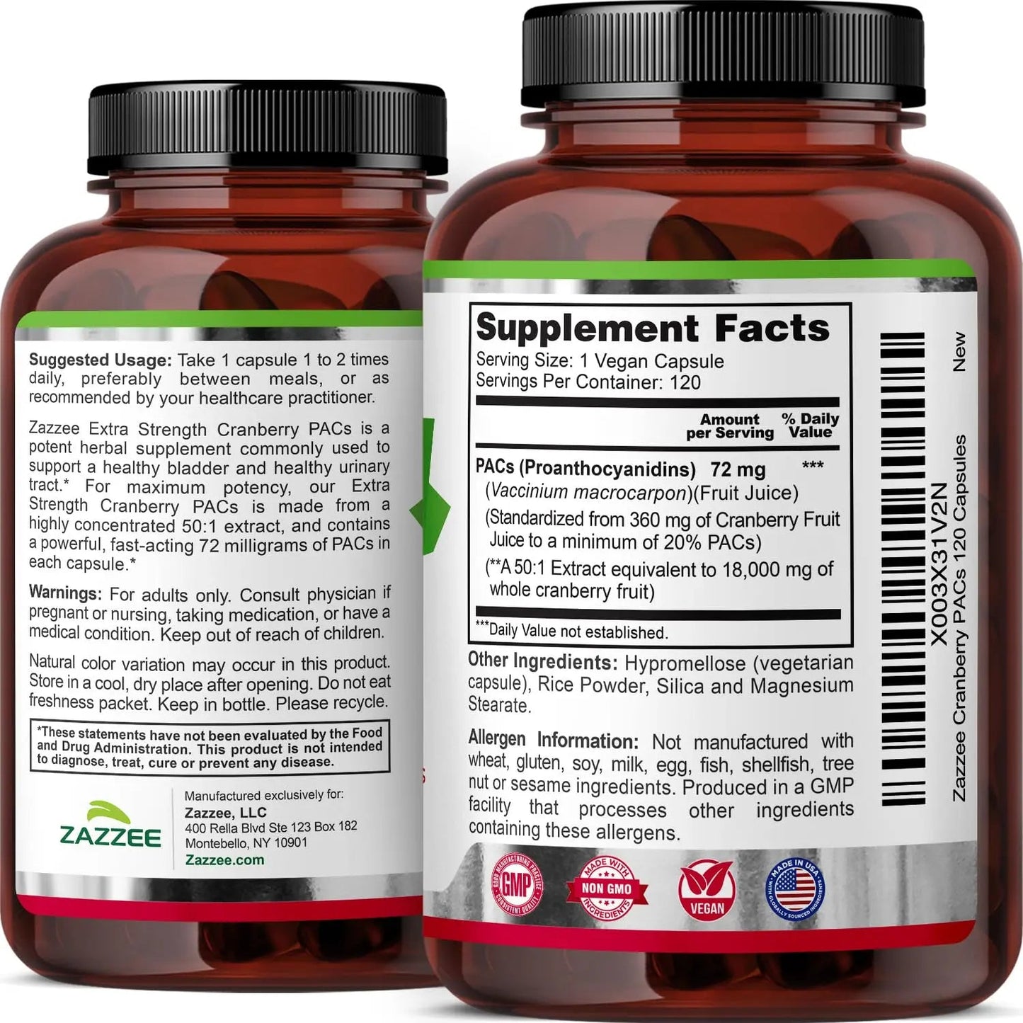 Zazzee Cranberry PACs, 72 mg PACs per Capsule, 2X Strength, 100% Soluble, 120 Vegan Capsules, 50:1 Extract, 18,200 mg Strength, Fast-Acting, Effective Urinary Tract Support, Made in The USA - dailyvitalstore