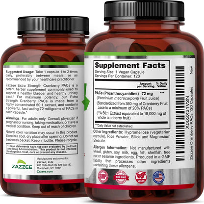 Zazzee Cranberry PACs, 72 mg PACs per Capsule, 2X Strength, 100% Soluble, 120 Vegan Capsules, 50:1 Extract, 18,200 mg Strength, Fast-Acting, Effective Urinary Tract Support, Made in The USA - dailyvitalstore