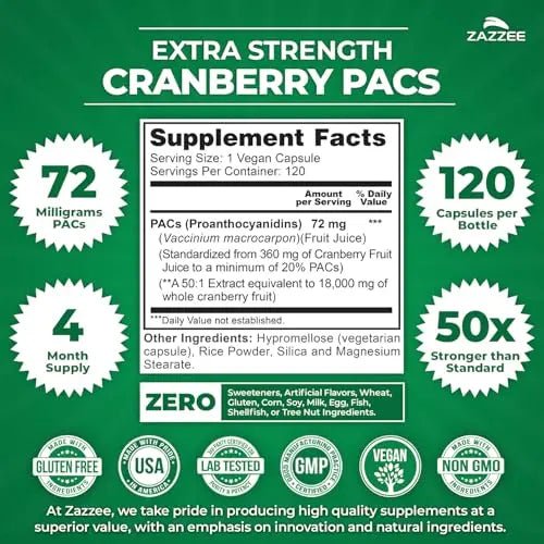 Zazzee Cranberry PACs, 72 mg PACs per Capsule, 2X Strength, 100% Soluble, 120 Vegan Capsules, 50:1 Extract, 18,200 mg Strength, Fast-Acting, Effective Urinary Tract Support, Made in The USA - dailyvitalstore