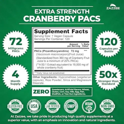 Zazzee Cranberry PACs, 72 mg PACs per Capsule, 2X Strength, 100% Soluble, 120 Vegan Capsules, 50:1 Extract, 18,200 mg Strength, Fast-Acting, Effective Urinary Tract Support, Made in The USA - dailyvitalstore