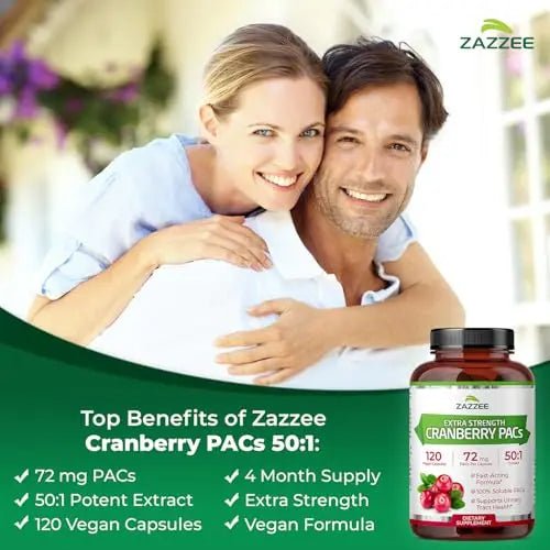 Zazzee Cranberry PACs, 72 mg PACs per Capsule, 2X Strength, 100% Soluble, 120 Vegan Capsules, 50:1 Extract, 18,200 mg Strength, Fast-Acting, Effective Urinary Tract Support, Made in The USA - dailyvitalstore