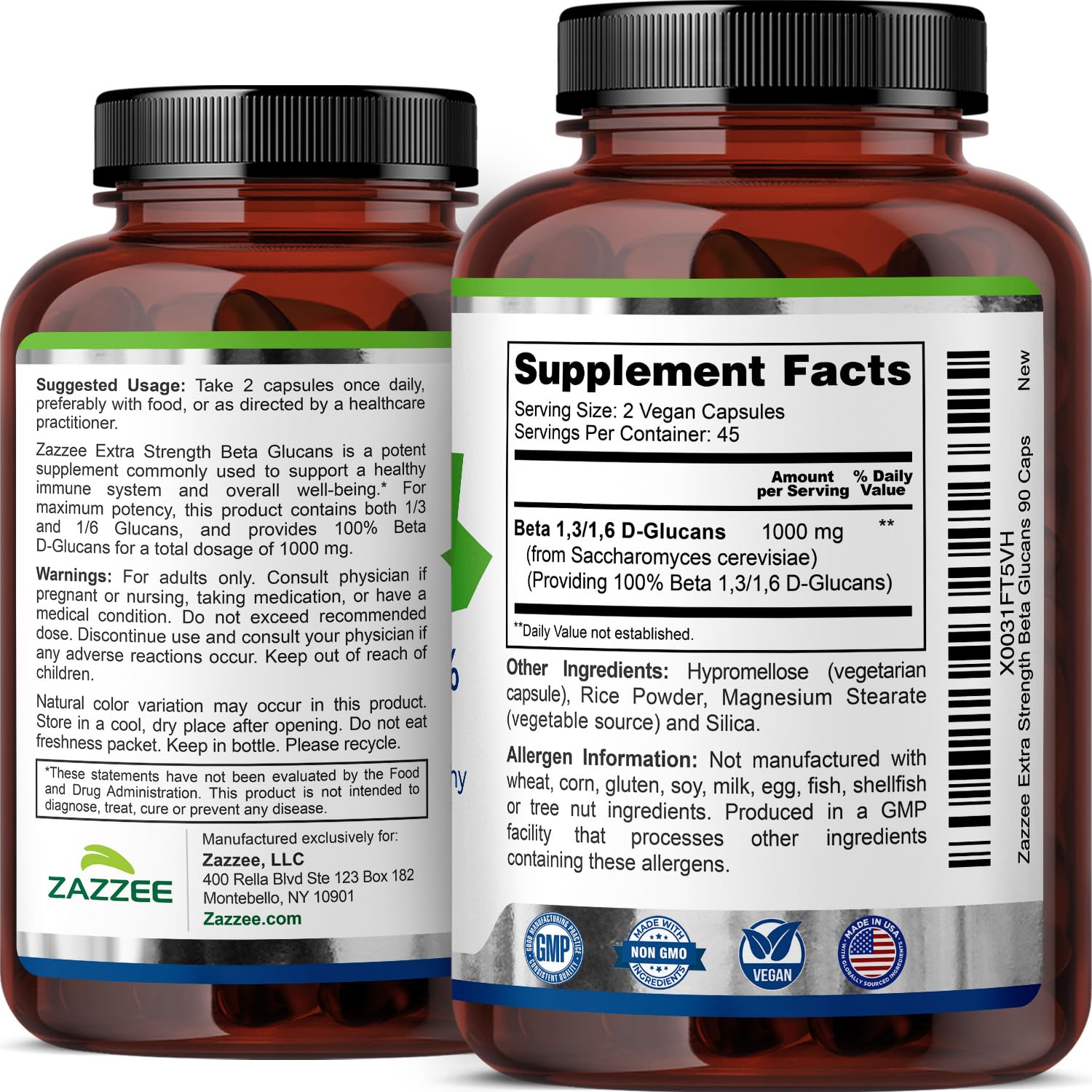 Zazzee Extra Strength 1,3/1,6 Beta Glucans, 1000 mg, 100% Concentrated, 90 Vegan Capsules, Supports a Healthy Immune System, 100% Vegetarian, All-Natural and Non-GMO - dailyvitalstore