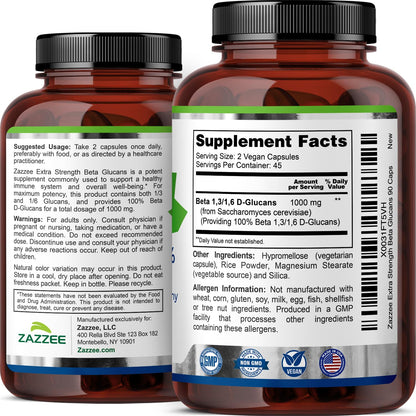Zazzee Extra Strength 1,3/1,6 Beta Glucans, 1000 mg, 100% Concentrated, 90 Vegan Capsules, Supports a Healthy Immune System, 100% Vegetarian, All-Natural and Non-GMO - dailyvitalstore