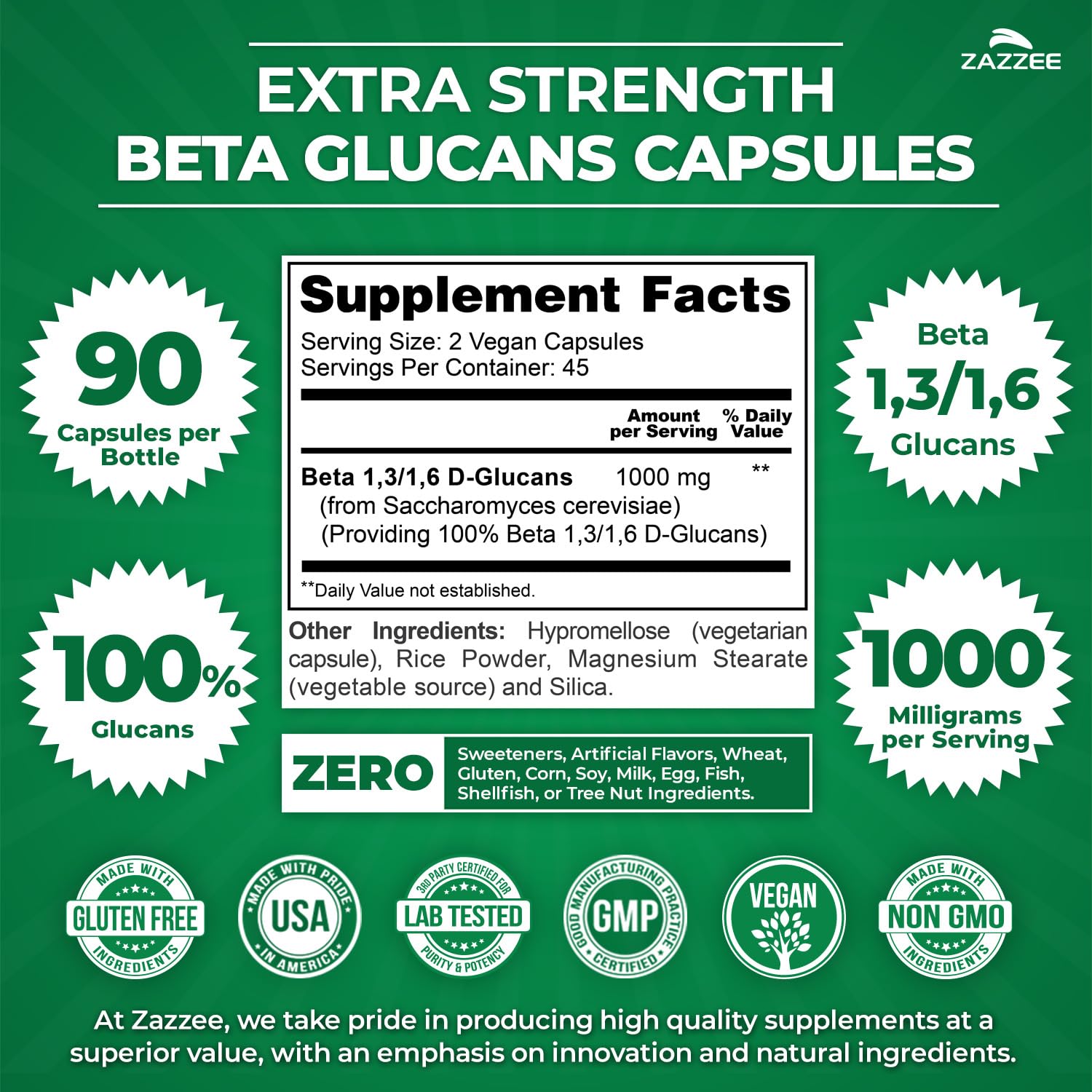 Zazzee Extra Strength 1,3/1,6 Beta Glucans, 1000 mg, 100% Concentrated, 90 Vegan Capsules, Supports a Healthy Immune System, 100% Vegetarian, All-Natural and Non-GMO - dailyvitalstore