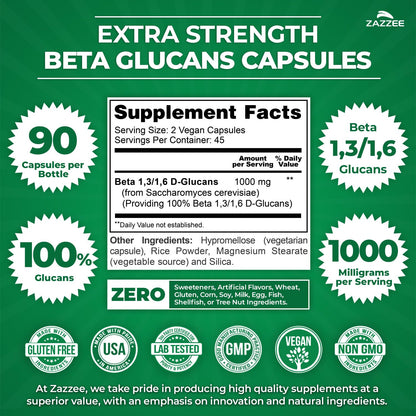 Zazzee Extra Strength 1,3/1,6 Beta Glucans, 1000 mg, 100% Concentrated, 90 Vegan Capsules, Supports a Healthy Immune System, 100% Vegetarian, All-Natural and Non-GMO - dailyvitalstore