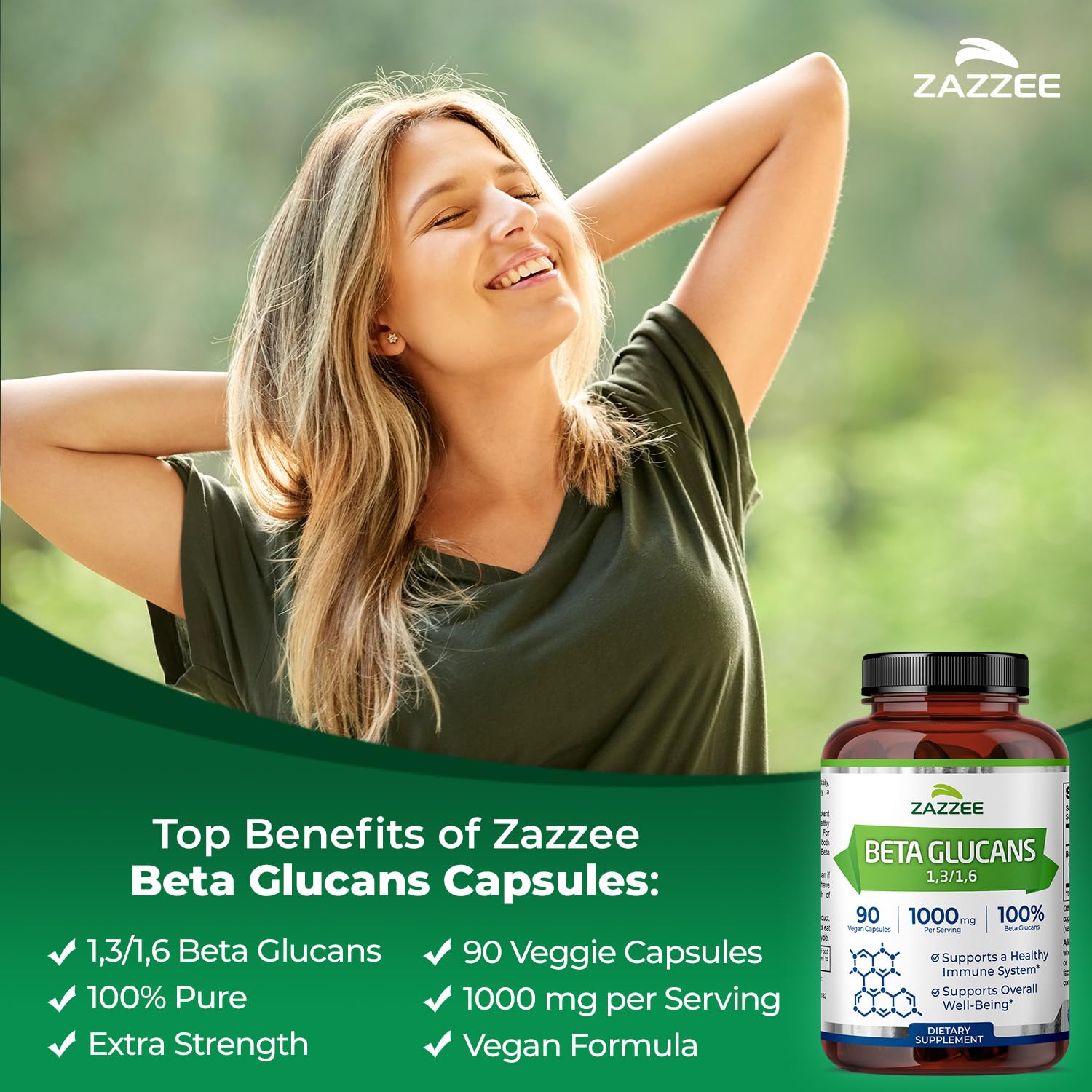 Zazzee Extra Strength 1,3/1,6 Beta Glucans, 1000 mg, 100% Concentrated, 90 Vegan Capsules, Supports a Healthy Immune System, 100% Vegetarian, All-Natural and Non-GMO - dailyvitalstore