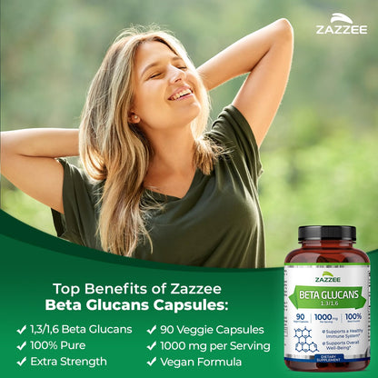 Zazzee Extra Strength 1,3/1,6 Beta Glucans, 1000 mg, 100% Concentrated, 90 Vegan Capsules, Supports a Healthy Immune System, 100% Vegetarian, All-Natural and Non-GMO - dailyvitalstore