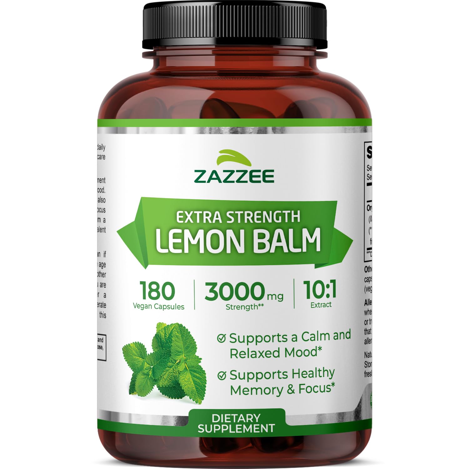 Zazzee Organic Lemon Balm 10:1 Extract, 180 Vegan Capsules, 6 Month Supply, Melissa Officinalis, Calm, Mood, Stress & Relaxation Support, Herbal Supplement, All-Natural, Non-GMO, Made in the USA - dailyvitalstore