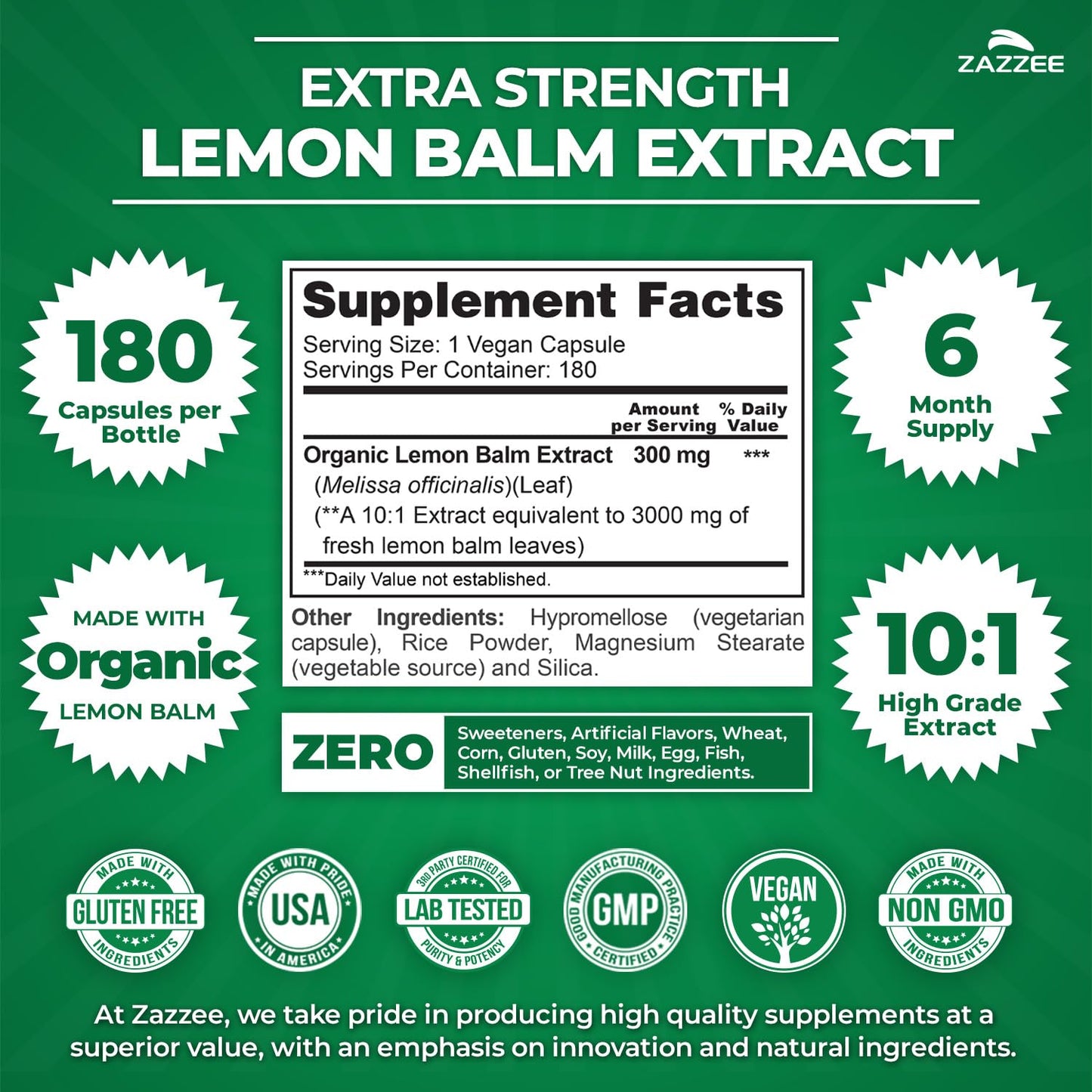 Zazzee Organic Lemon Balm 10:1 Extract, 180 Vegan Capsules, 6 Month Supply, Melissa Officinalis, Calm, Mood, Stress & Relaxation Support, Herbal Supplement, All-Natural, Non-GMO, Made in the USA - dailyvitalstore