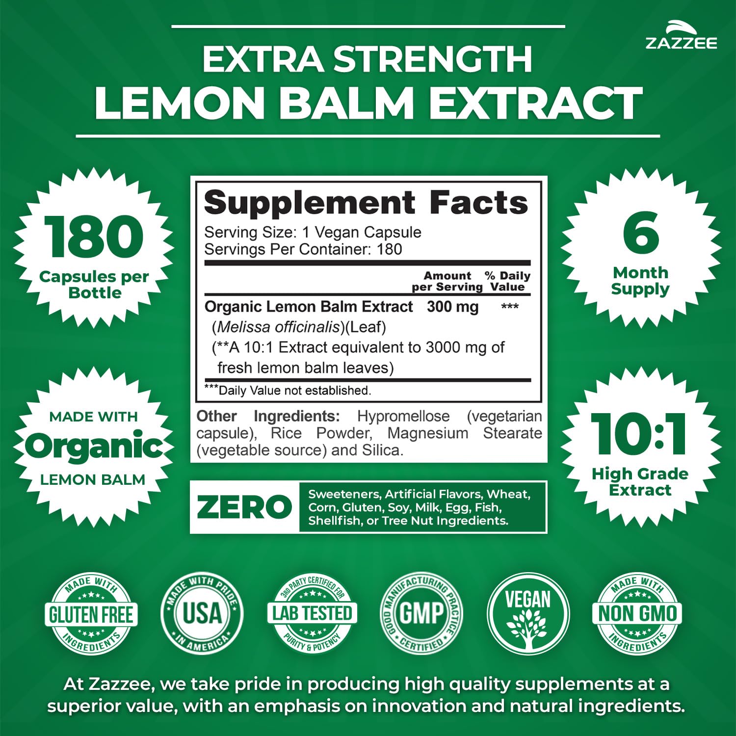 Zazzee Organic Lemon Balm 10:1 Extract, 180 Vegan Capsules, 6 Month Supply, Melissa Officinalis, Calm, Mood, Stress & Relaxation Support, Herbal Supplement, All-Natural, Non-GMO, Made in the USA - dailyvitalstore