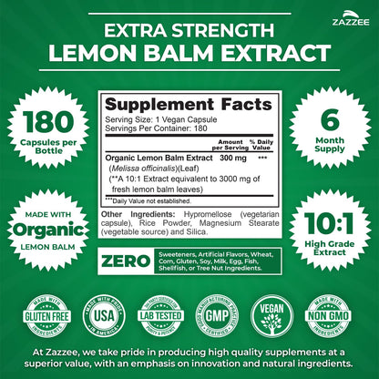 Zazzee Organic Lemon Balm 10:1 Extract, 180 Vegan Capsules, 6 Month Supply, Melissa Officinalis, Calm, Mood, Stress & Relaxation Support, Herbal Supplement, All-Natural, Non-GMO, Made in the USA - dailyvitalstore