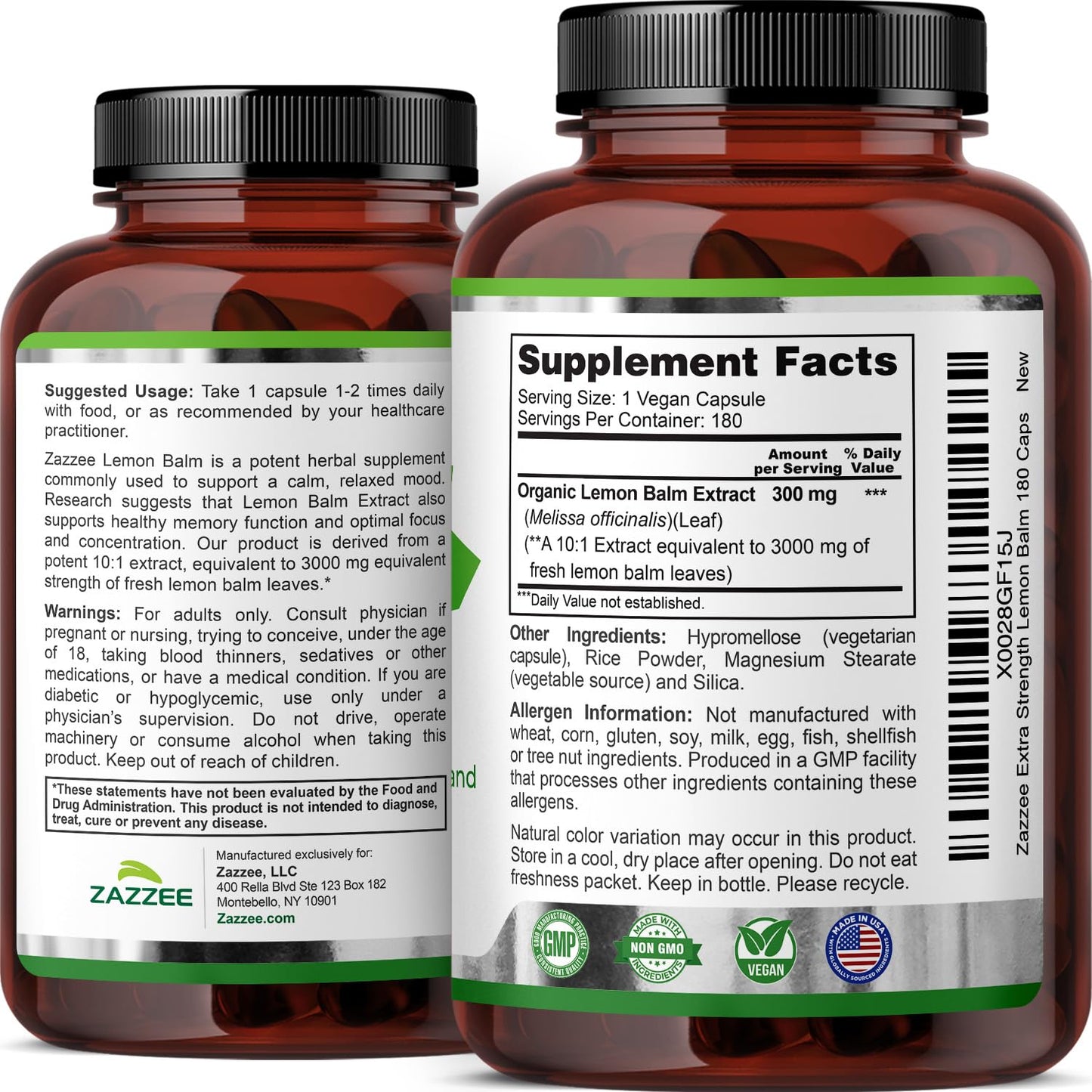 Zazzee Organic Lemon Balm 10:1 Extract, 180 Vegan Capsules, 6 Month Supply, Melissa Officinalis, Calm, Mood, Stress & Relaxation Support, Herbal Supplement, All-Natural, Non-GMO, Made in the USA - dailyvitalstore
