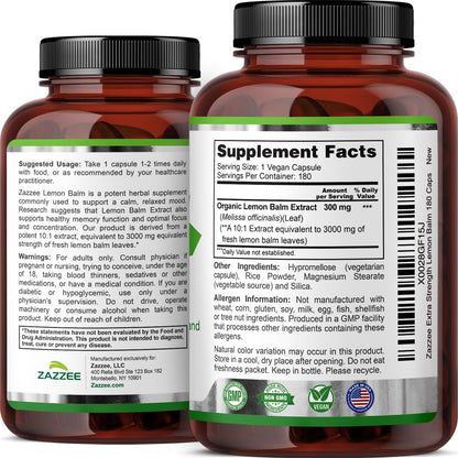 Zazzee Organic Lemon Balm 10:1 Extract, 180 Vegan Capsules, 6 Month Supply, Melissa Officinalis, Calm, Mood, Stress & Relaxation Support, Herbal Supplement, All-Natural, Non-GMO, Made in the USA - dailyvitalstore
