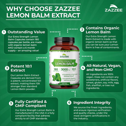 Zazzee Organic Lemon Balm 10:1 Extract, 180 Vegan Capsules, 6 Month Supply, Melissa Officinalis, Calm, Mood, Stress & Relaxation Support, Herbal Supplement, All-Natural, Non-GMO, Made in the USA - dailyvitalstore