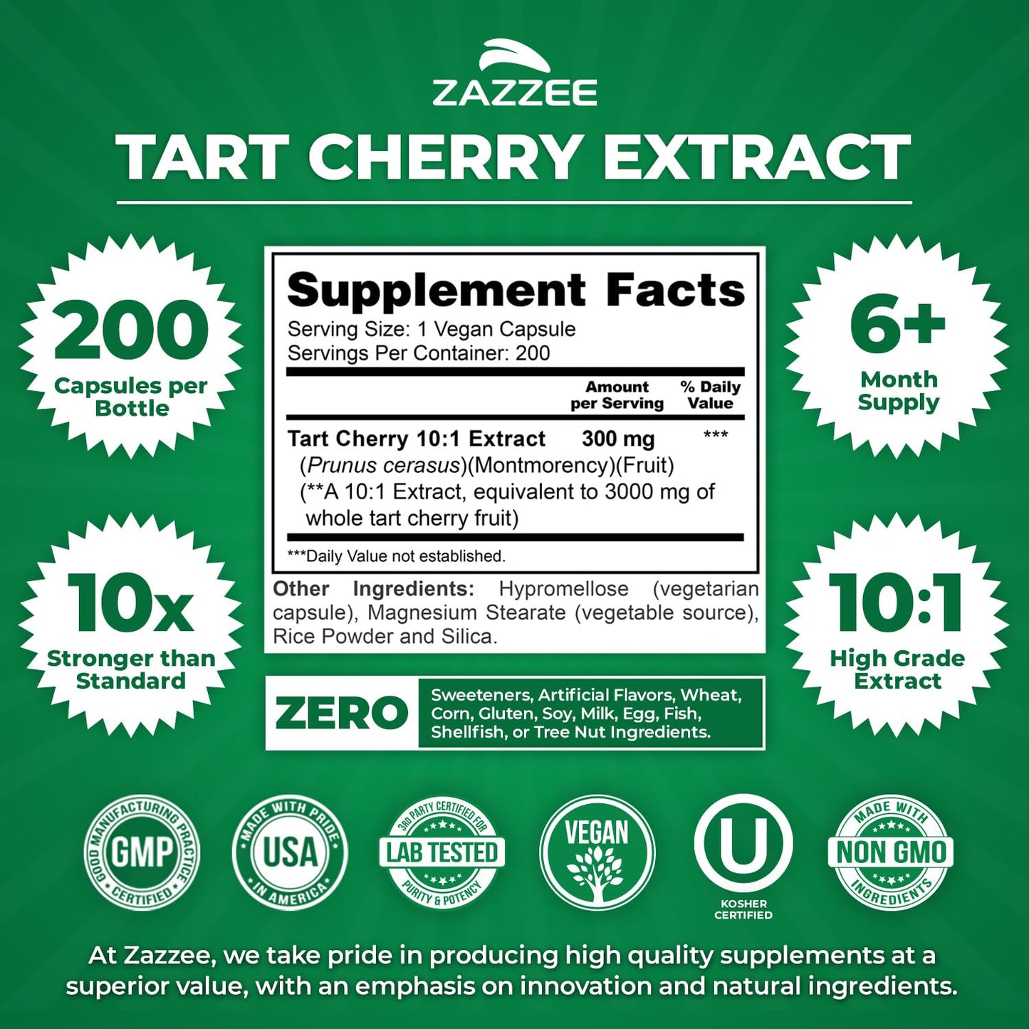 Zazzee Tart Cherry 10:1 Extract, 200 Vegan Capsules, 6+ Month Supply, Montmorency Cherry, Certified Kosher, Joint & Uric Acid Support, Antioxidant Support Formula, - dailyvitalstore