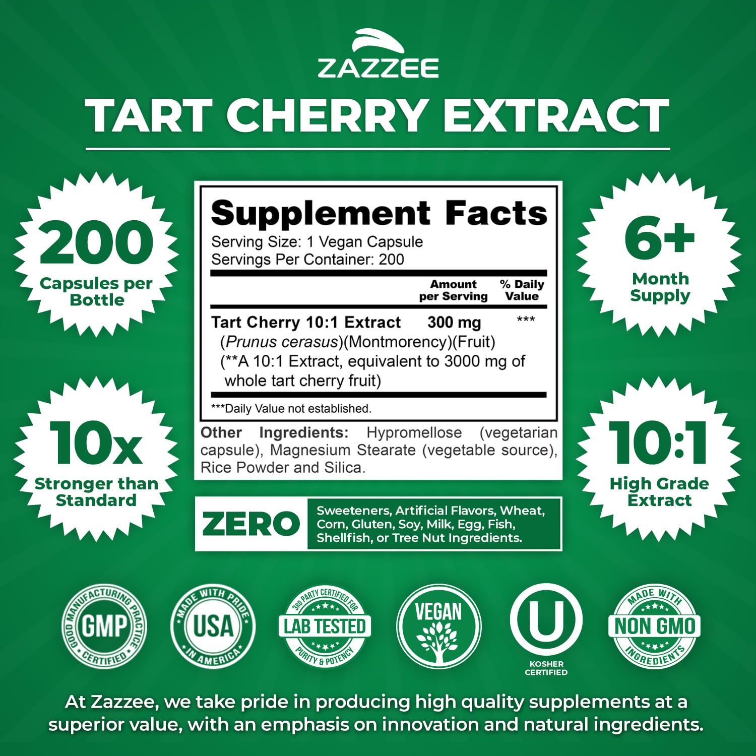 Zazzee Tart Cherry 10:1 Extract, 200 Vegan Capsules, 6+ Month Supply, Montmorency Cherry, Certified Kosher, Joint & Uric Acid Support, Antioxidant Support Formula, - dailyvitalstore