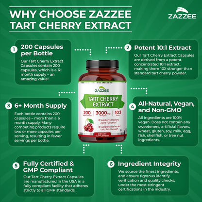 Zazzee Tart Cherry 10:1 Extract, 200 Vegan Capsules, 6+ Month Supply, Montmorency Cherry, Certified Kosher, Joint & Uric Acid Support, Antioxidant Support Formula, - dailyvitalstore