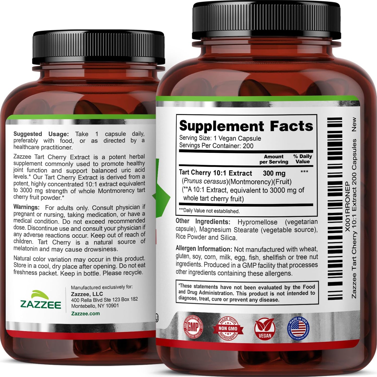 Zazzee Tart Cherry 10:1 Extract, 200 Vegan Capsules, 6+ Month Supply, Montmorency Cherry, Certified Kosher, Joint & Uric Acid Support, Antioxidant Support Formula, - dailyvitalstore