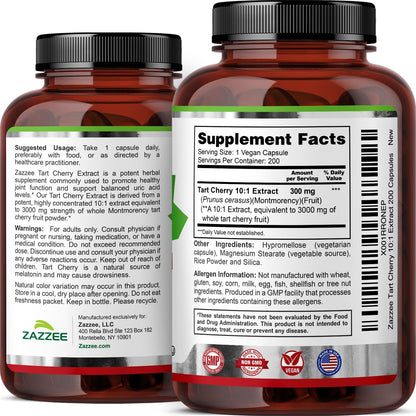 Zazzee Tart Cherry 10:1 Extract, 200 Vegan Capsules, 6+ Month Supply, Montmorency Cherry, Certified Kosher, Joint & Uric Acid Support, Antioxidant Support Formula, - dailyvitalstore