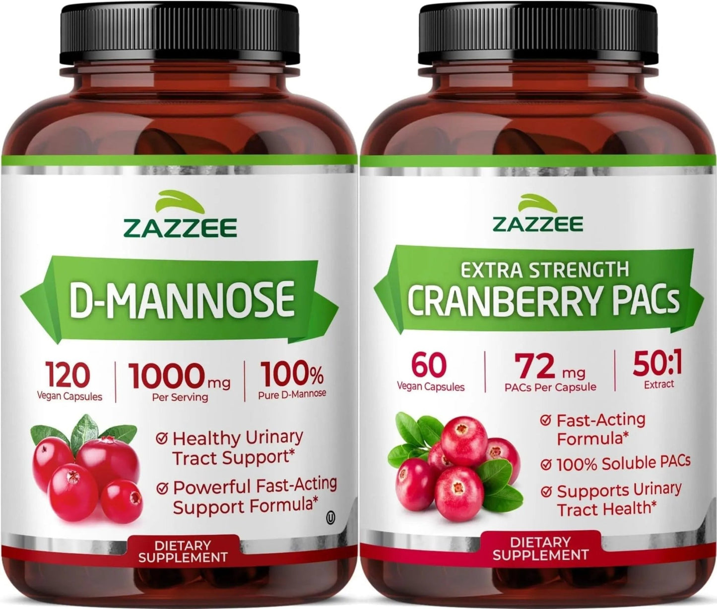 Zazzee Ultimate Urinary Tract Support Bundle | Super Concentrated Proanthocyanidin Cranberry Extract Capsules Plus D-Mannose 1000mg Capsules for UT & Bladder Cleansing (60 Servings Each) - dailyvitalstore