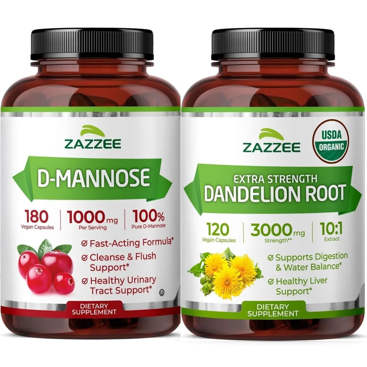 Zazzee Urinary Tract Cleanse & Detox Bundle | USDA Organic Dandelion Root Extract Capsules Plus D-Mannose 1000mg Capsules for UT & Bladder Cleansing - dailyvitalstore