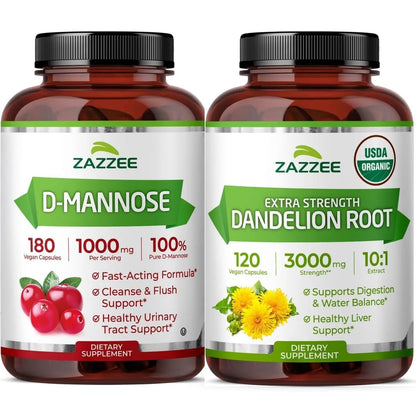 Zazzee Urinary Tract Cleanse & Detox Bundle | USDA Organic Dandelion Root Extract Capsules Plus D-Mannose 1000mg Capsules for UT & Bladder Cleansing - dailyvitalstore