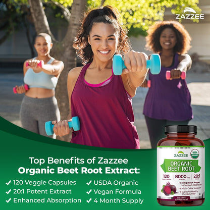 Zazzee USDA Organic Beet Root 20:1 Extract, 120 Vegan Quick Release Capsules, 4 Month Supply, Nitric Oxide Support, Black Pepper Extract for Enhanced Absorption - dailyvitalstore
