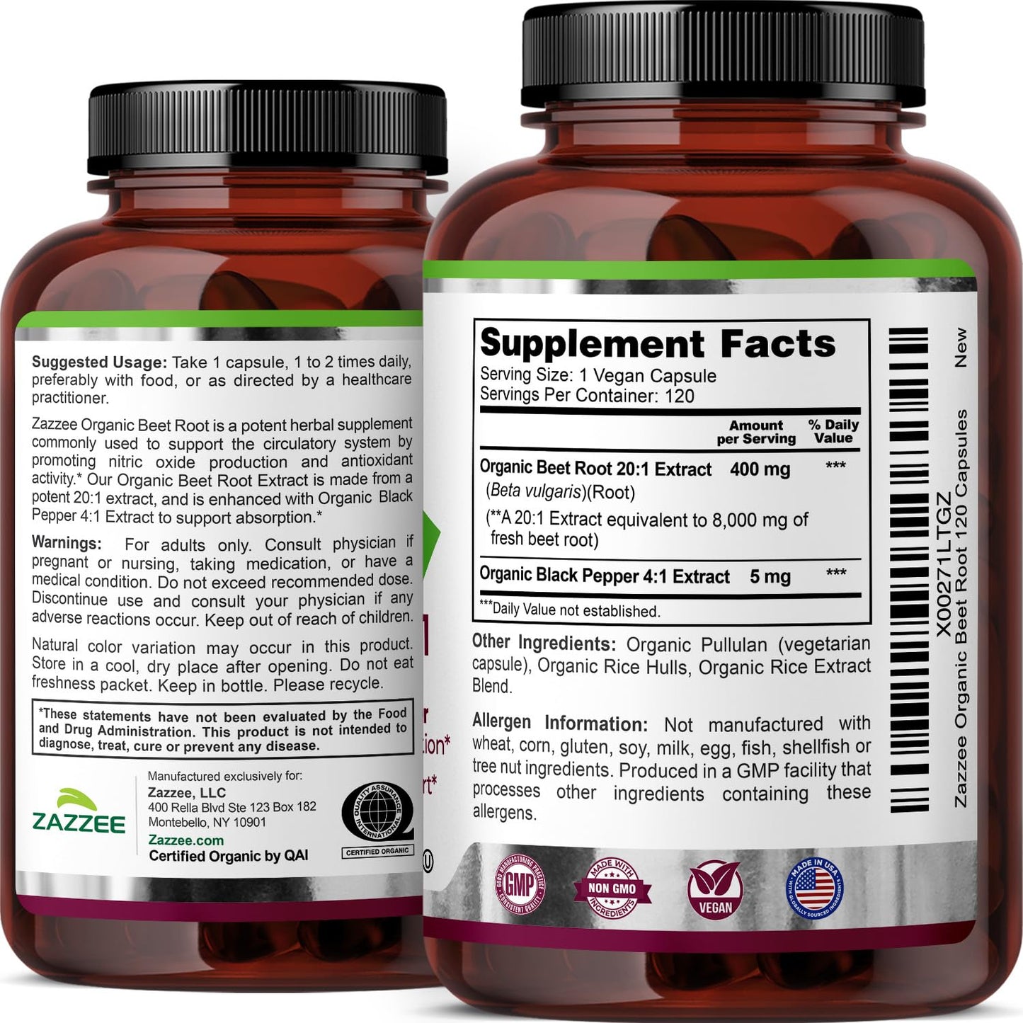 Zazzee USDA Organic Beet Root 20:1 Extract, 120 Vegan Quick Release Capsules, 4 Month Supply, Nitric Oxide Support, Black Pepper Extract for Enhanced Absorption - dailyvitalstore
