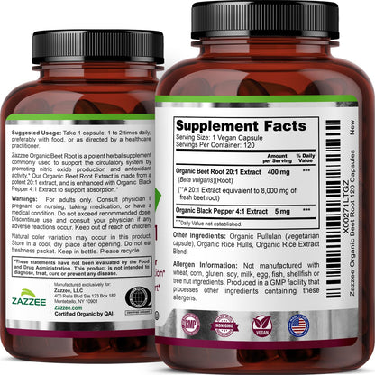Zazzee USDA Organic Beet Root 20:1 Extract, 120 Vegan Quick Release Capsules, 4 Month Supply, Nitric Oxide Support, Black Pepper Extract for Enhanced Absorption - dailyvitalstore