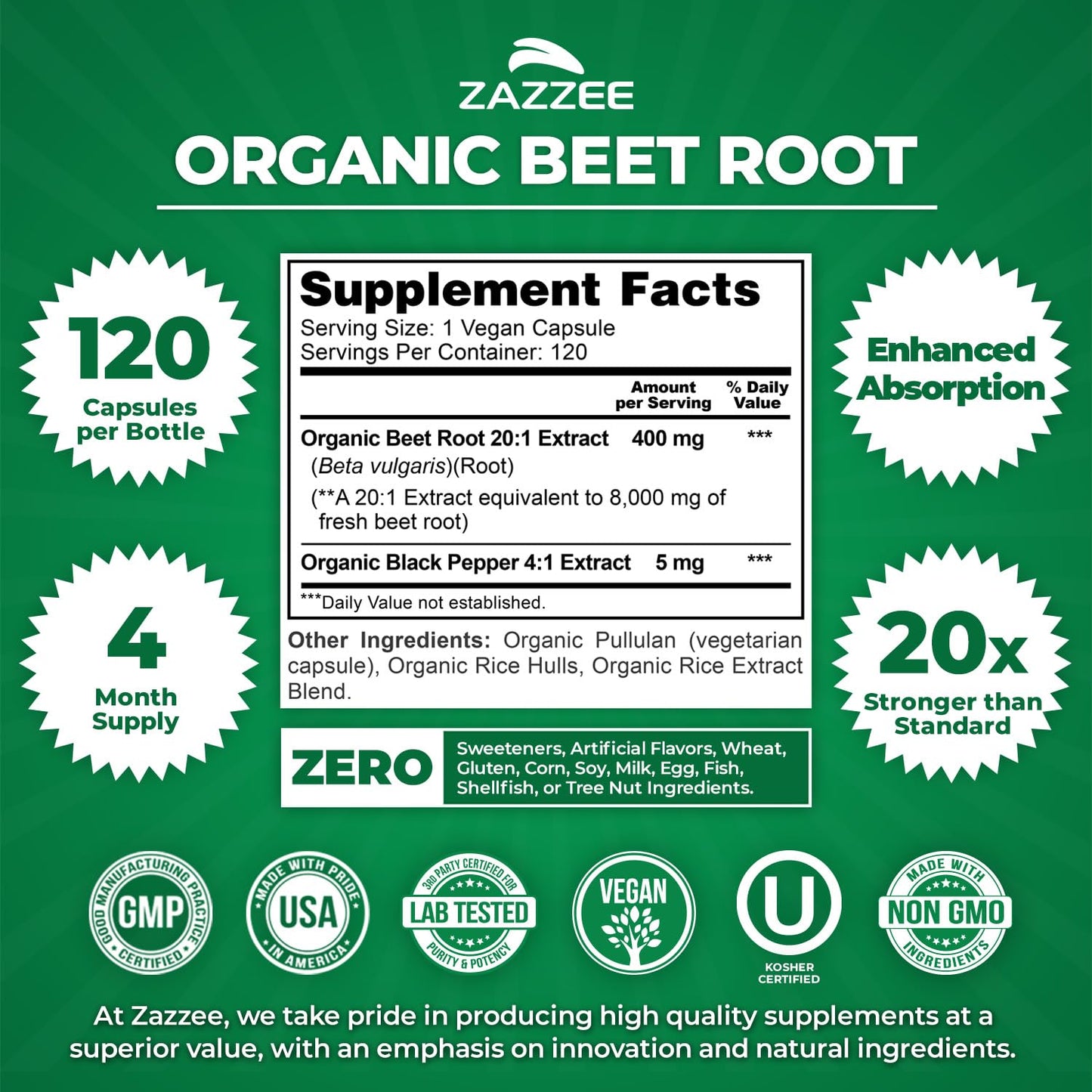 Zazzee USDA Organic Beet Root 20:1 Extract, 120 Vegan Quick Release Capsules, 4 Month Supply, Nitric Oxide Support, Black Pepper Extract for Enhanced Absorption - dailyvitalstore
