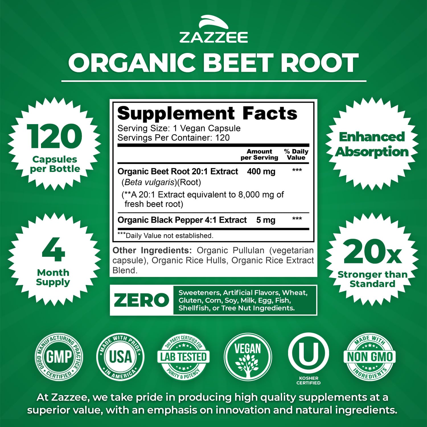 Zazzee USDA Organic Beet Root 20:1 Extract, 120 Vegan Quick Release Capsules, 4 Month Supply, Nitric Oxide Support, Black Pepper Extract for Enhanced Absorption - dailyvitalstore