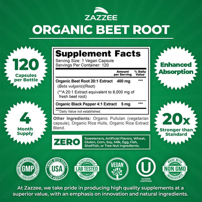 Zazzee USDA Organic Beet Root 20:1 Extract, 120 Vegan Quick Release Capsules, 4 Month Supply, Nitric Oxide Support, Black Pepper Extract for Enhanced Absorption - dailyvitalstore