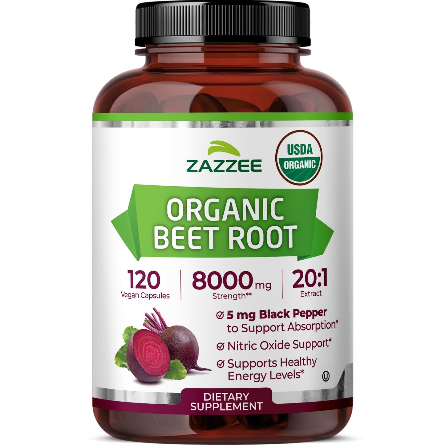 Zazzee USDA Organic Beet Root 20:1 Extract, 120 Vegan Quick Release Capsules, 4 Month Supply, Nitric Oxide Support, Black Pepper Extract for Enhanced Absorption - dailyvitalstore