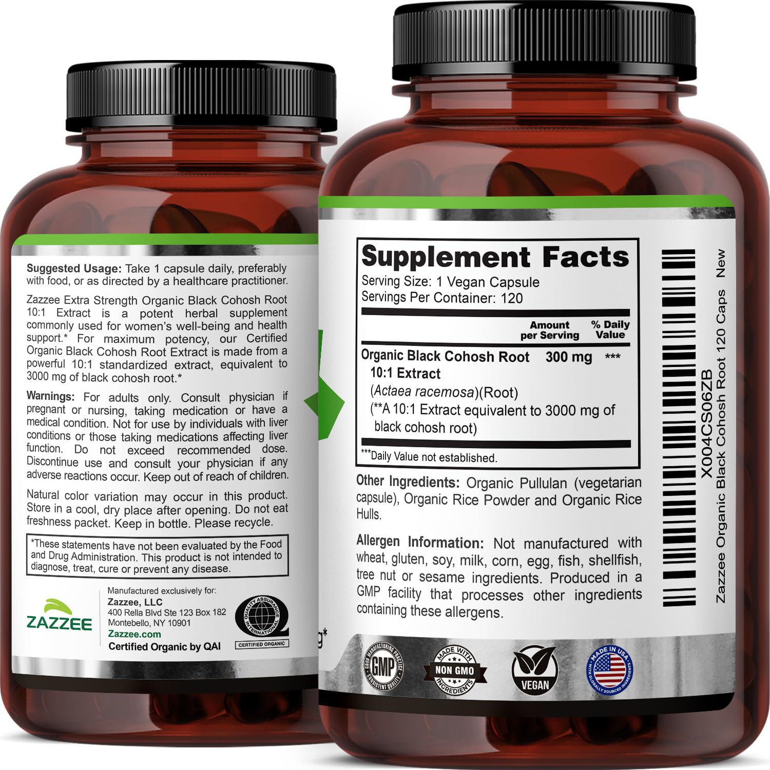 Zazzee USDA Organic Black Cohosh 10:1 Extract, 120 Vegan Capsules, 4 Month Supply, Actaea Racemosa, Women’s Health & Hormonal Balance Support, - dailyvitalstore