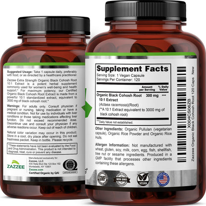 Zazzee USDA Organic Black Cohosh 10:1 Extract, 120 Vegan Capsules, 4 Month Supply, Actaea Racemosa, Women’s Health & Hormonal Balance Support, - dailyvitalstore