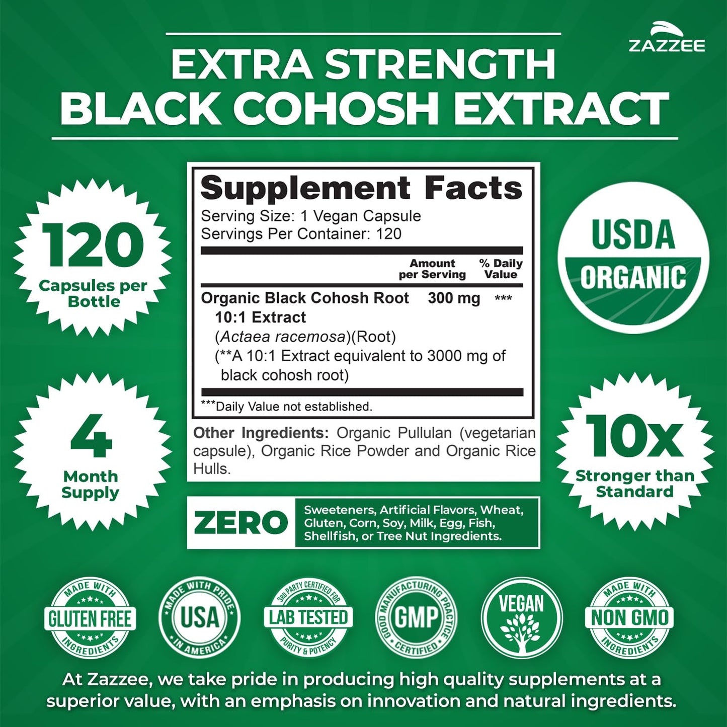 Zazzee USDA Organic Black Cohosh 10:1 Extract, 120 Vegan Capsules, 4 Month Supply, Actaea Racemosa, Women’s Health & Hormonal Balance Support, - dailyvitalstore