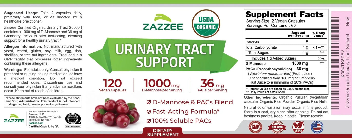 Zazzee USDA Organic Cranberry PACs and D-Mannose, 1000 mg D-Mannose, 36 mg Cranberry PACs, 120 Vegan Capsules, 2 Month Supply, Potent & Fast-Acting, All-Natural Urinary Tract Health Support, Non-GMO - dailyvitalstore