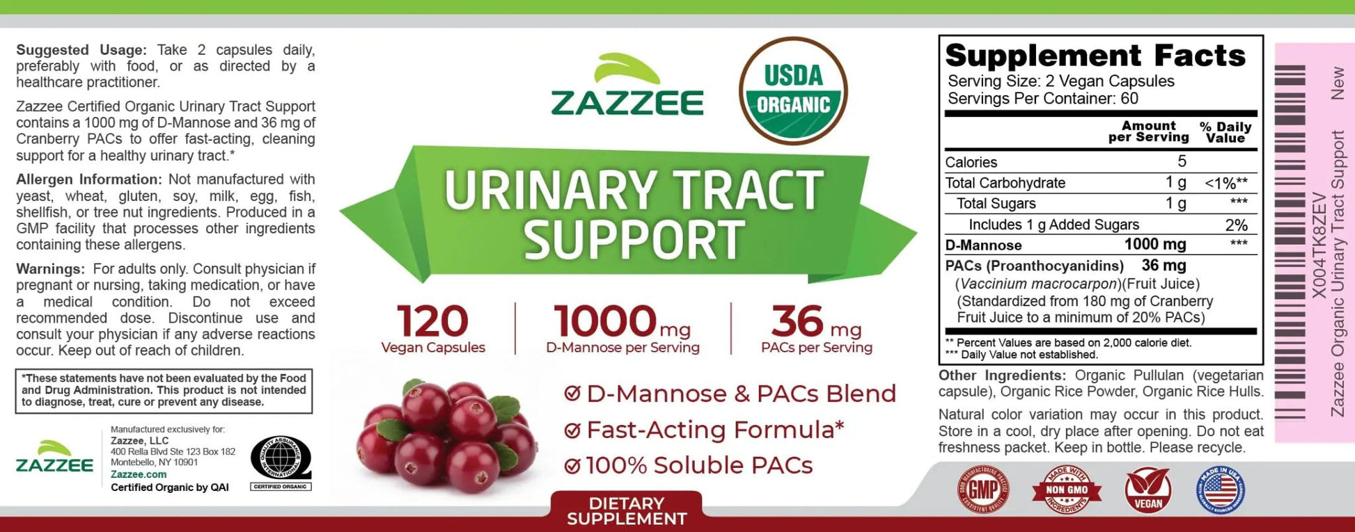 Zazzee USDA Organic Cranberry PACs and D-Mannose, 1000 mg D-Mannose, 36 mg Cranberry PACs, 120 Vegan Capsules, 2 Month Supply, Potent & Fast-Acting, All-Natural Urinary Tract Health Support, Non-GMO - dailyvitalstore