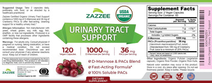 Zazzee USDA Organic Cranberry PACs and D-Mannose, 1000 mg D-Mannose, 36 mg Cranberry PACs, 120 Vegan Capsules, 2 Month Supply, Potent & Fast-Acting, All-Natural Urinary Tract Health Support, Non-GMO - dailyvitalstore