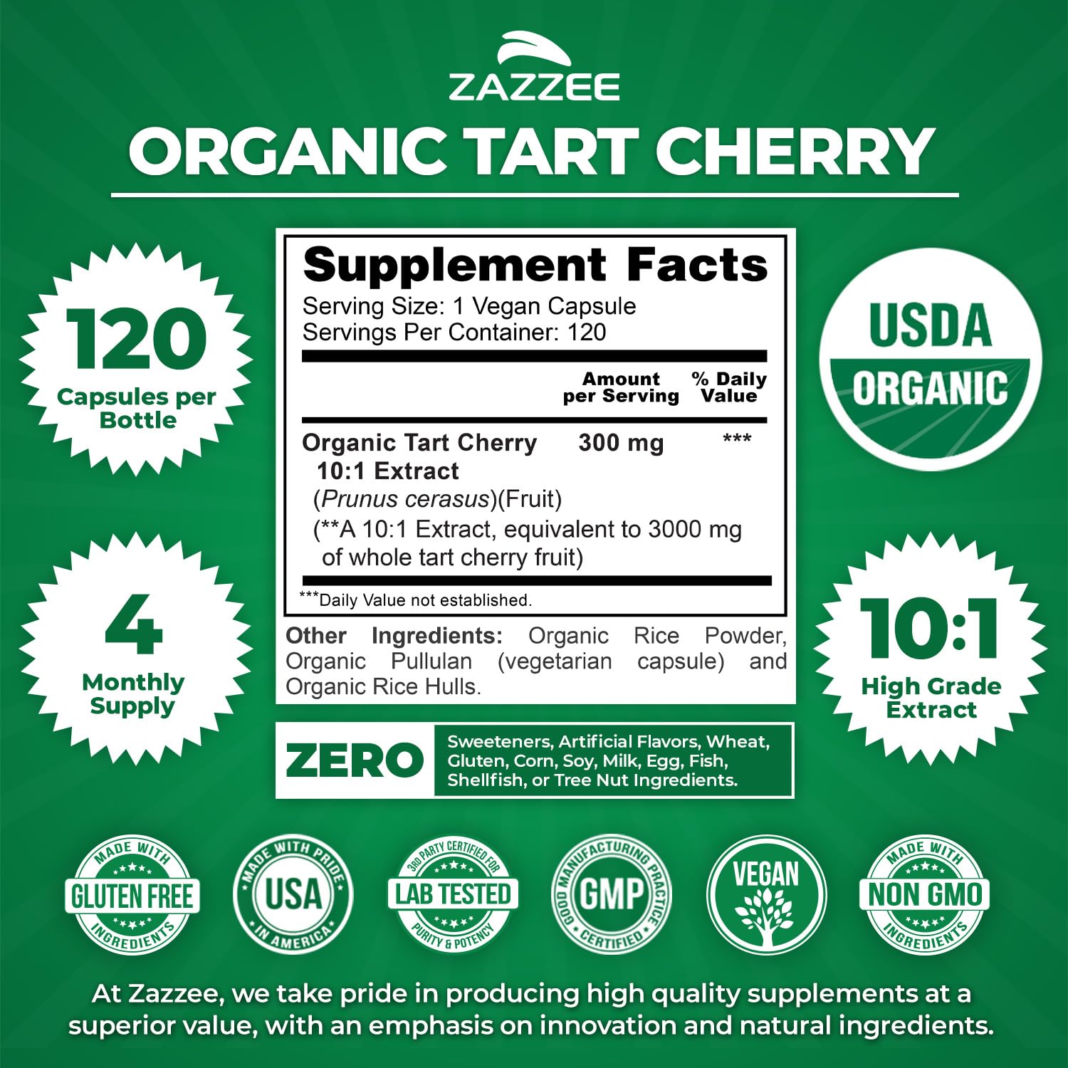 Zazzee USDA Organic Tart Cherry 10:1 Extract, 120 Vegan Capsules, 4 Month Supply, Montmorency Cherry, Daily Wellness Antioxidant Support, Organic Herbal Supplement, All-Natural, Non-GMO, Made in USA - dailyvitalstore