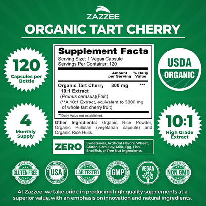 Zazzee USDA Organic Tart Cherry 10:1 Extract, 120 Vegan Capsules, 4 Month Supply, Montmorency Cherry, Daily Wellness Antioxidant Support, Organic Herbal Supplement, All-Natural, Non-GMO, Made in USA - dailyvitalstore