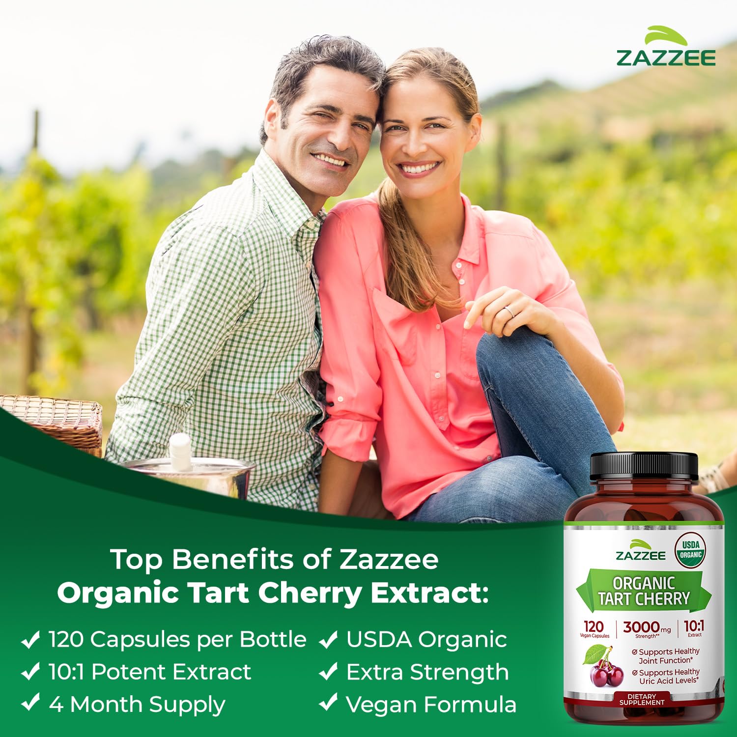 Zazzee USDA Organic Tart Cherry 10:1 Extract, 120 Vegan Capsules, 4 Month Supply, Montmorency Cherry, Daily Wellness Antioxidant Support, Organic Herbal Supplement, All-Natural, Non-GMO, Made in USA - dailyvitalstore