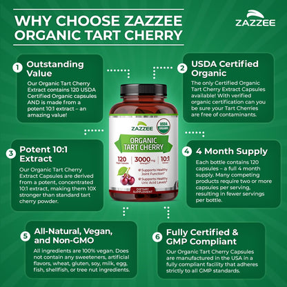 Zazzee USDA Organic Tart Cherry 10:1 Extract, 120 Vegan Capsules, 4 Month Supply, Montmorency Cherry, Daily Wellness Antioxidant Support, Organic Herbal Supplement, All-Natural, Non-GMO, Made in USA - dailyvitalstore